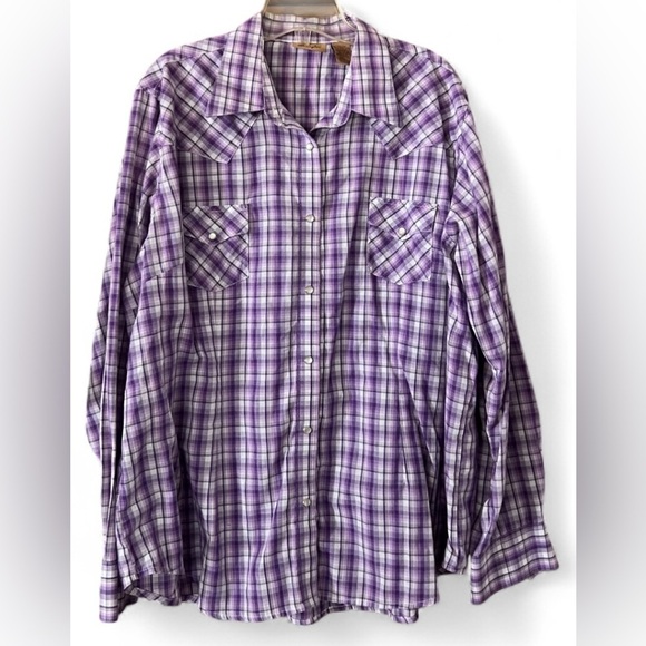 Wrangler Tops - Women’s Wrangler Button Down Pearl Snap Purple and White Plaid Shirt/3XL